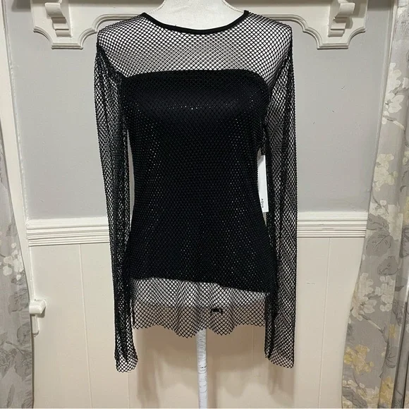 Aqua Crystal Mesh Long Sleeve Top in Black Size L (NWT) - Picture 2 of 7